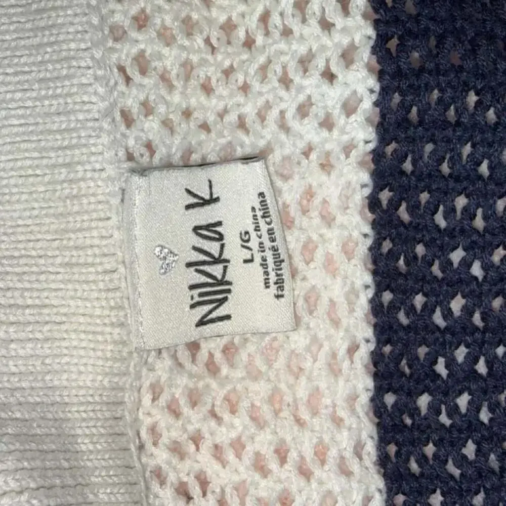 Nikka K Striped Collared Sweater Size L/G Cream Navy Open Knit V-Neck